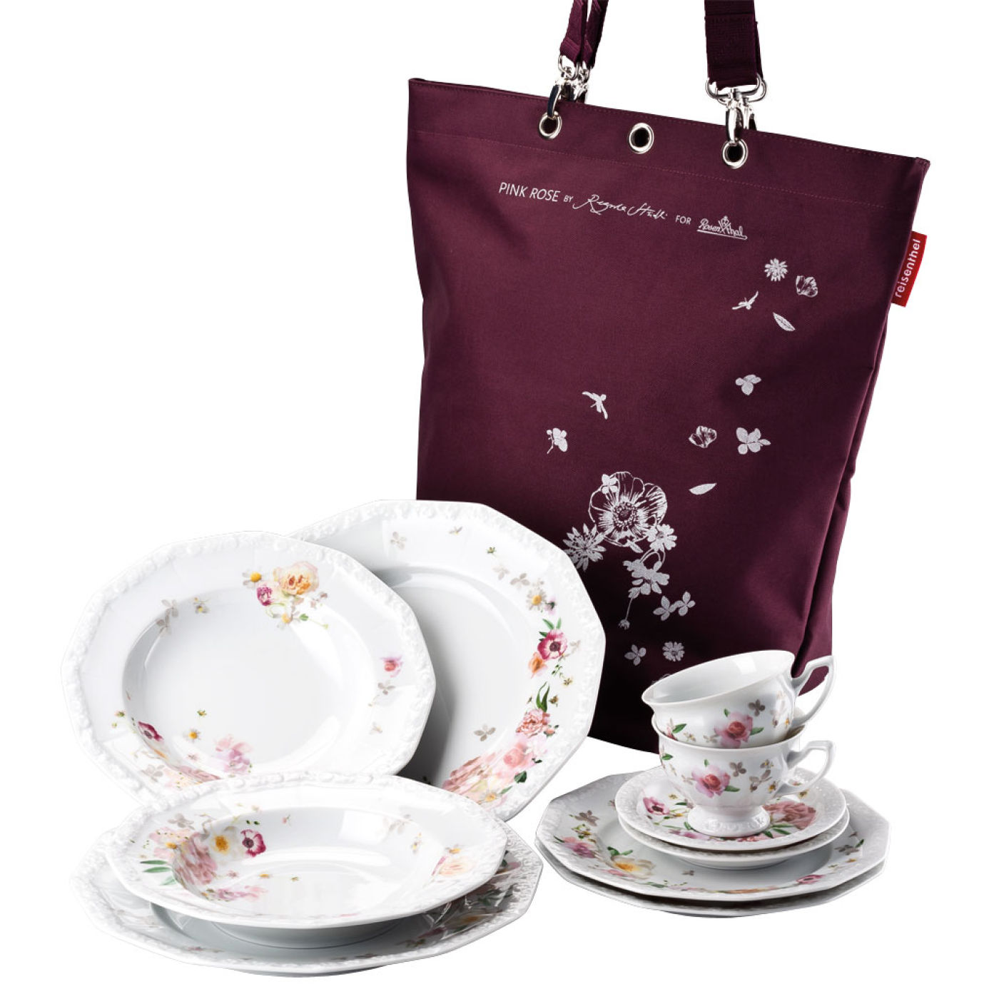 Rosenthal Maria Pink Rose: 10 tlg. Set - bestehend aus: 2 Frühstücksteller 21 cm, 2 Speiseteller 26 cm, 2 Suppenteller 23 cm, 2 Kaffeetasse 2-tlg. mit Zugabe der limitierten Rosenthal-Tasche im Stüdli-Design